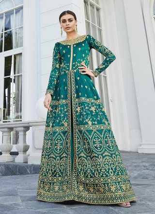 Art Silk Floor Length Anarkali Suit in Sea Green
