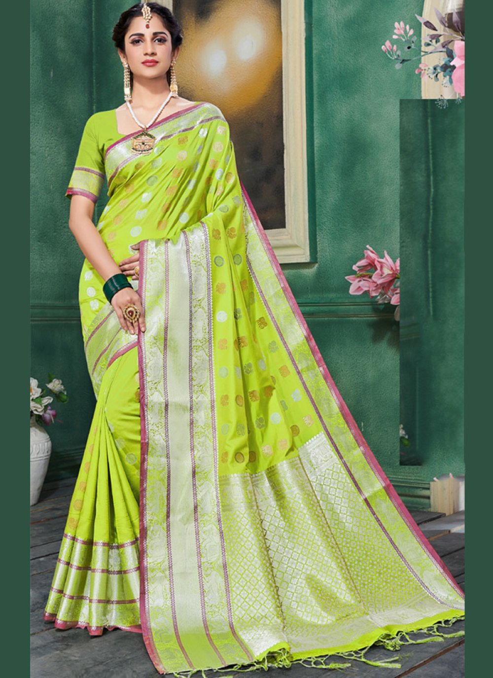 Art Silk Green Weaving Traditional Designer Saree