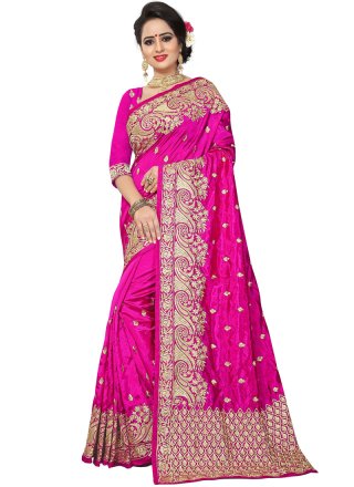 Art Silk Hot Pink Embroidered Traditional Saree