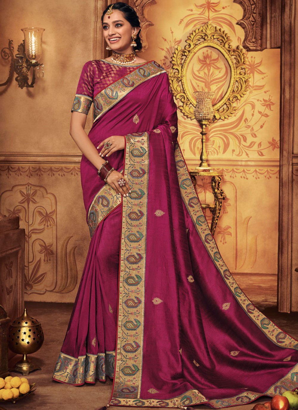 Shop Art Silk Magenta Traditional Saree Online : 132869