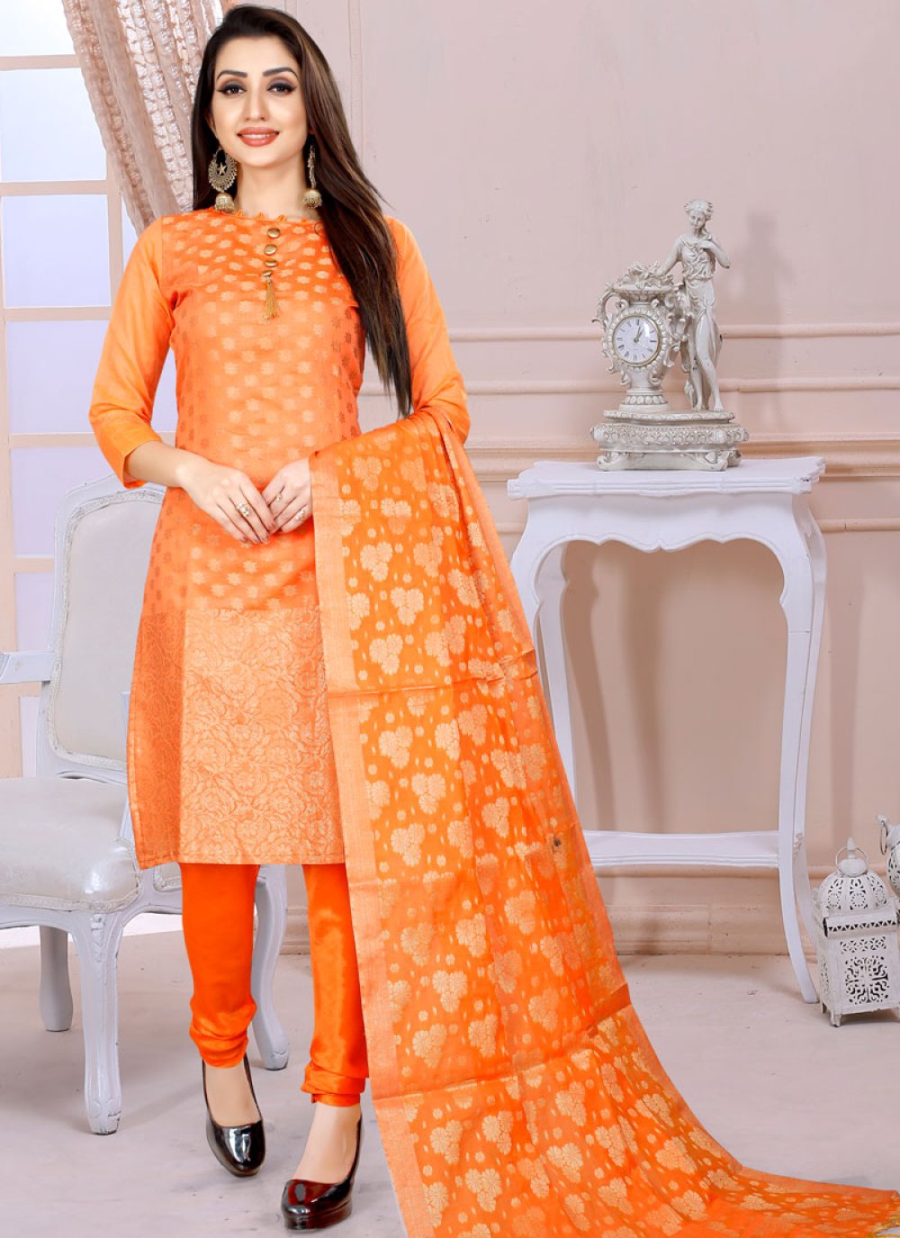 Art Silk Orange Churidar Designer Suit