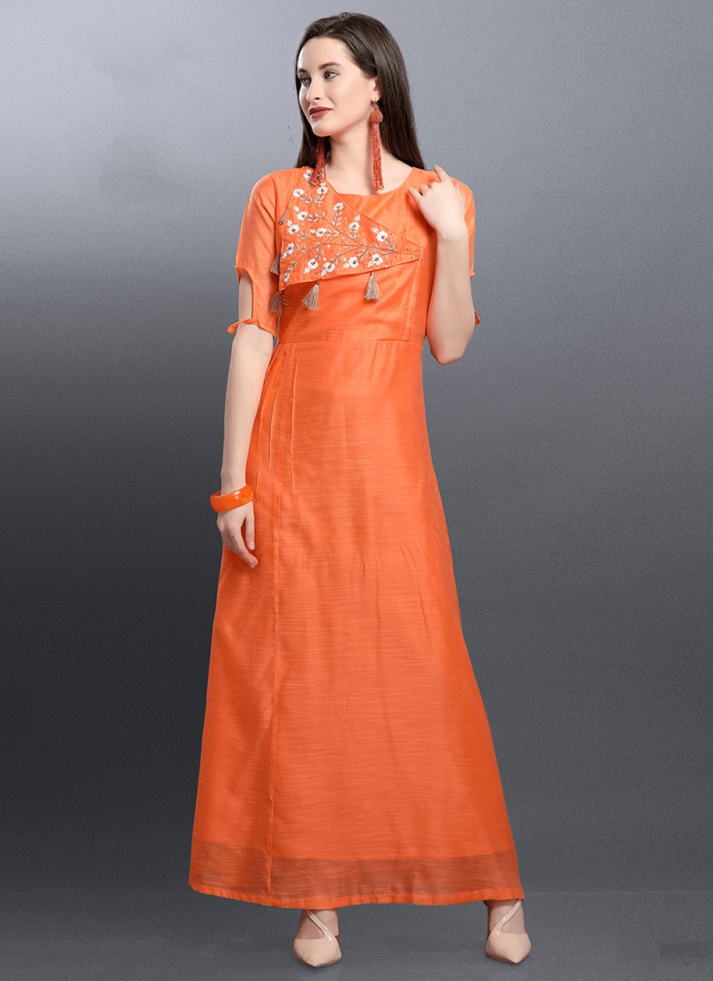 Art Silk Party Wear Kurti in Orange