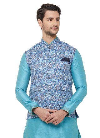 Art Silk Plain Kurta Payjama With Jacket in Blue
