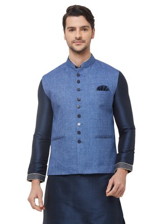 Art Silk Plain Kurta Payjama With Jacket in Navy Blue