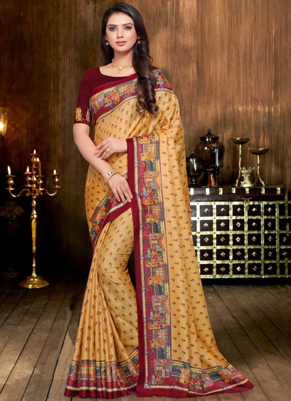 Art Silk Print Designer Traditional Saree in Yellow