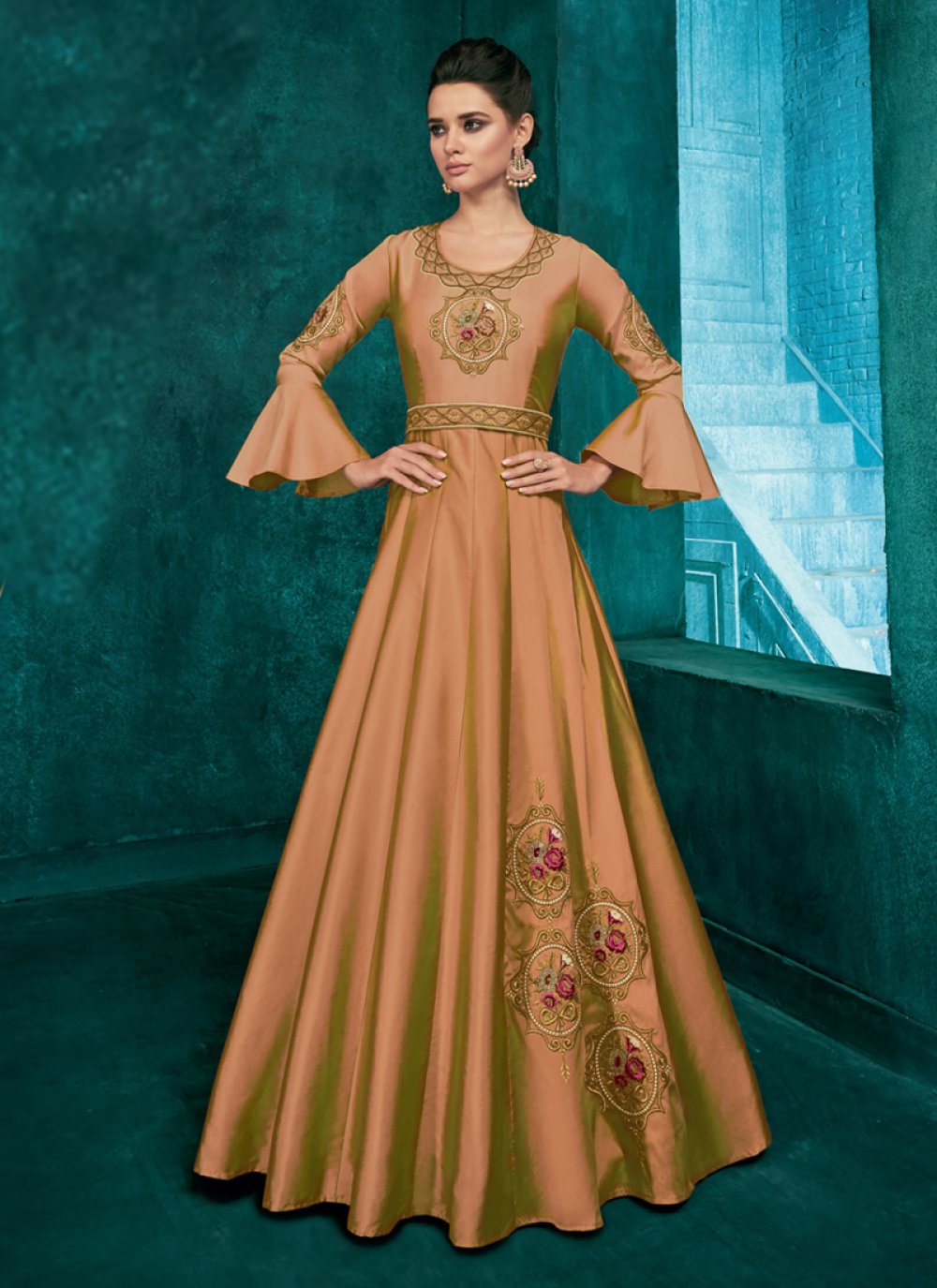 Art Silk Readymade Gown in Brown