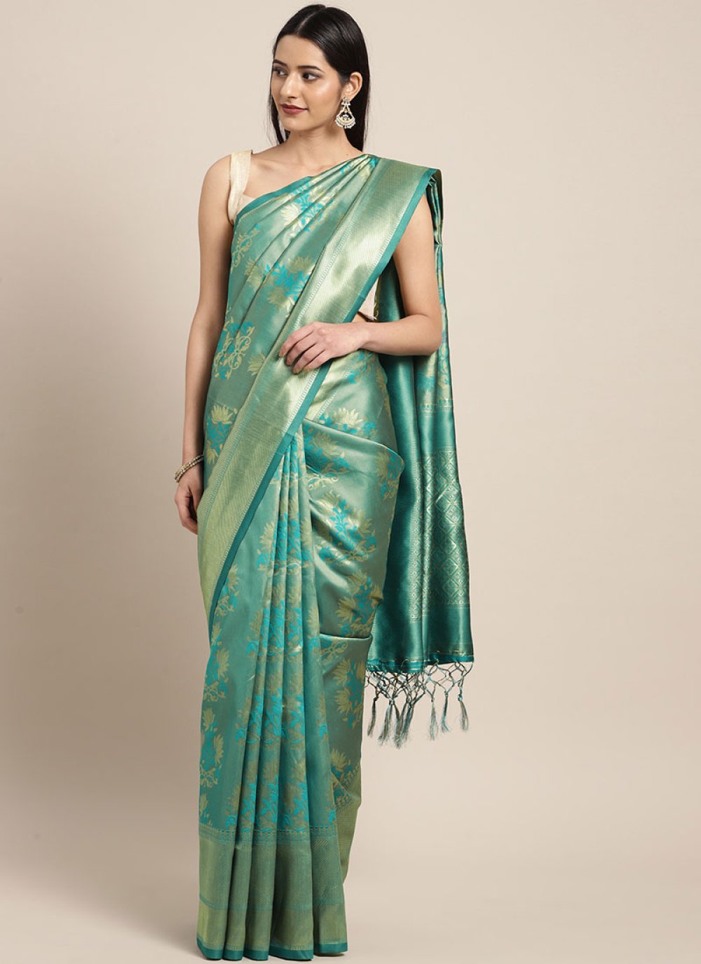 Buy Art Silk Teal Traditional Saree Online