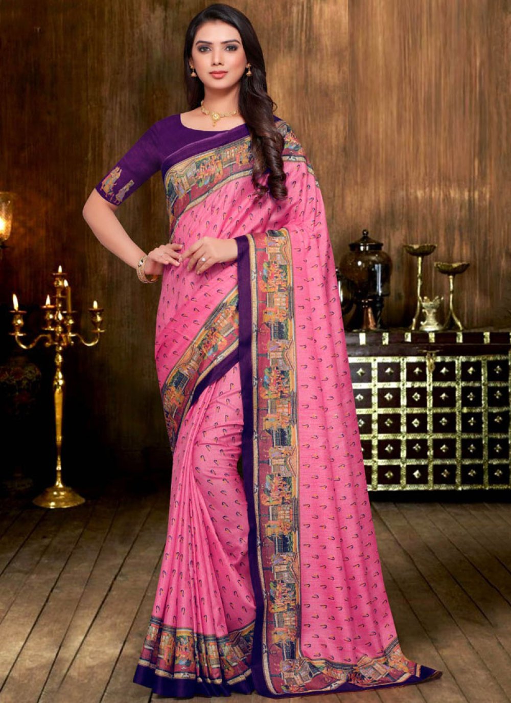Art Silk Traditional Designer Saree in Hot Pink
