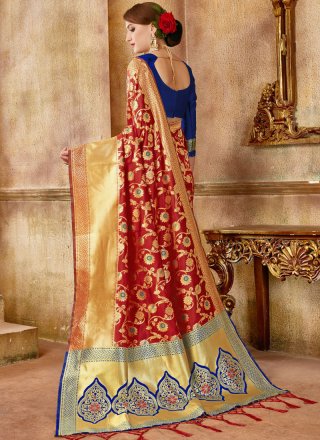 Art Silk Traditional Saree in Blue and Red