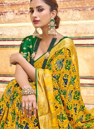 Art Silk Traditional Saree in Green and Yellow