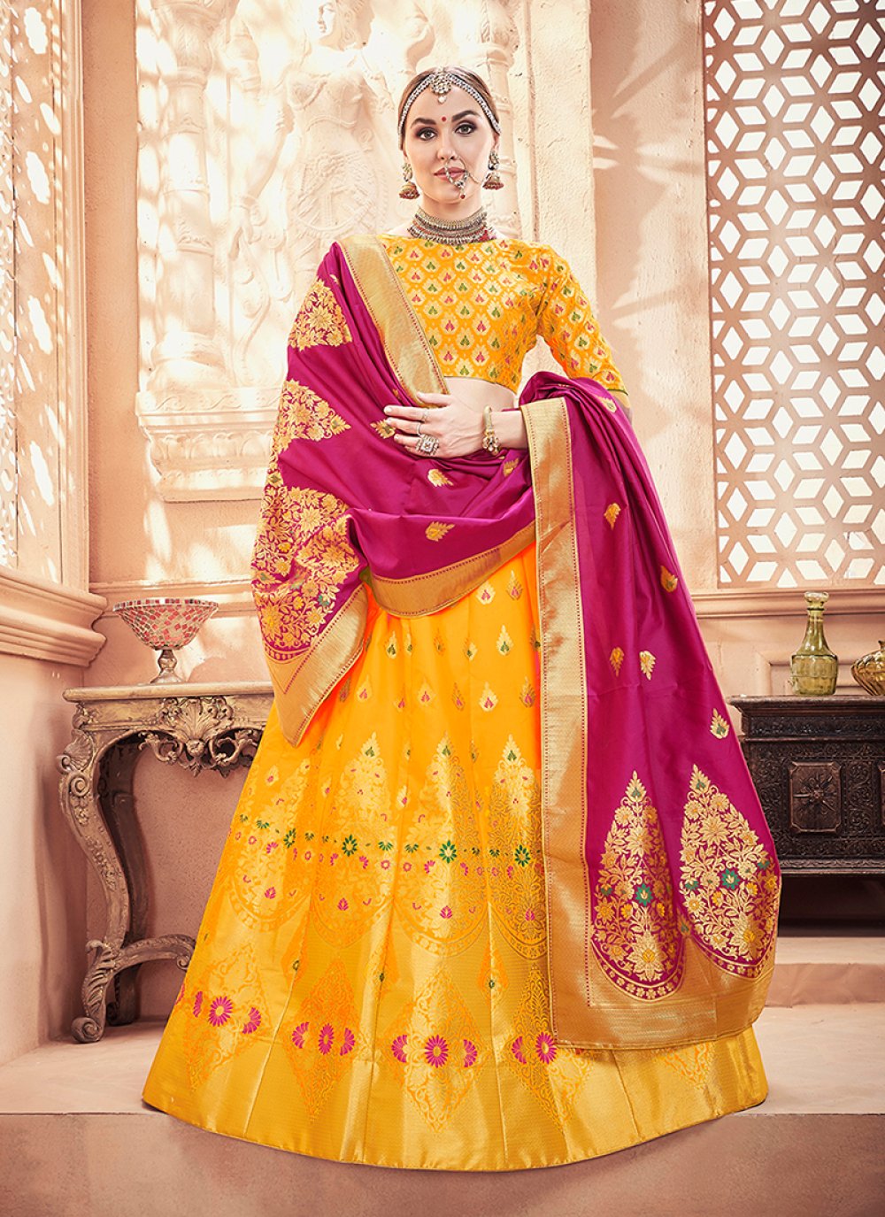 FABPIXEL Pink & Yellow Embroidered Semi-Stitched Lehenga & Unstitched  Blouse With Dupatta - Absolutely Desi