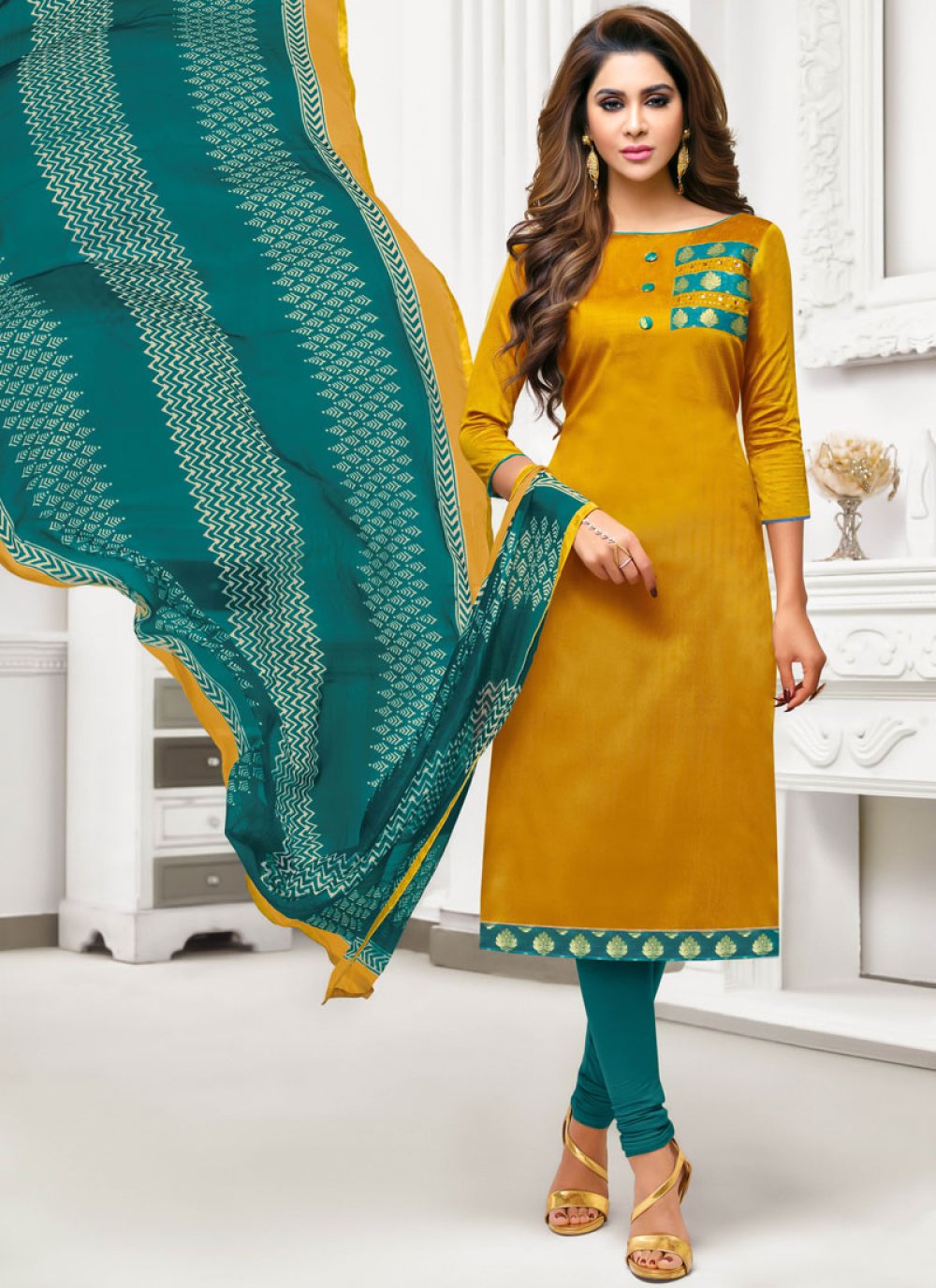 Buy Banarasi Silk Print Mustard Churidar Salwar Kameez Online