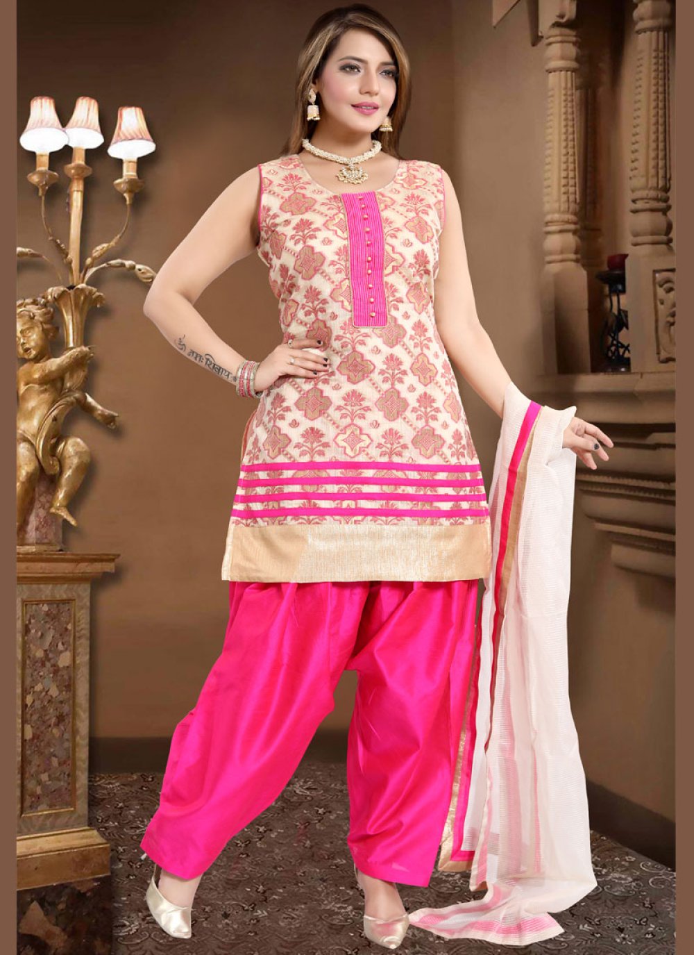 Banglori Silk Fancy Readymade Suit in Cream and Pink