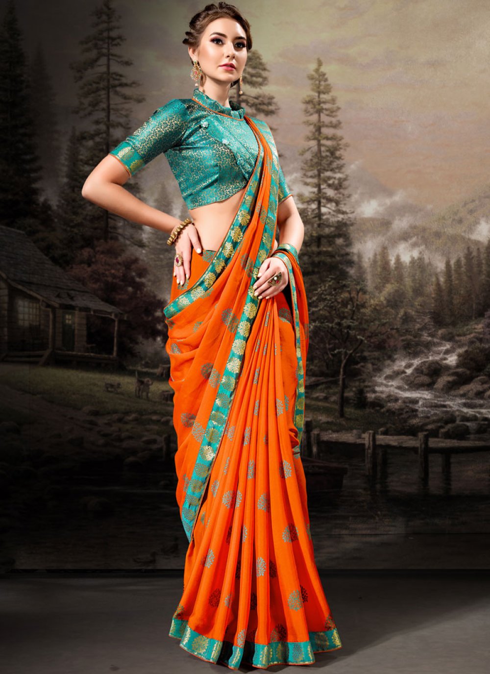 Banglori Silk Lace Orange Classic Designer Saree
