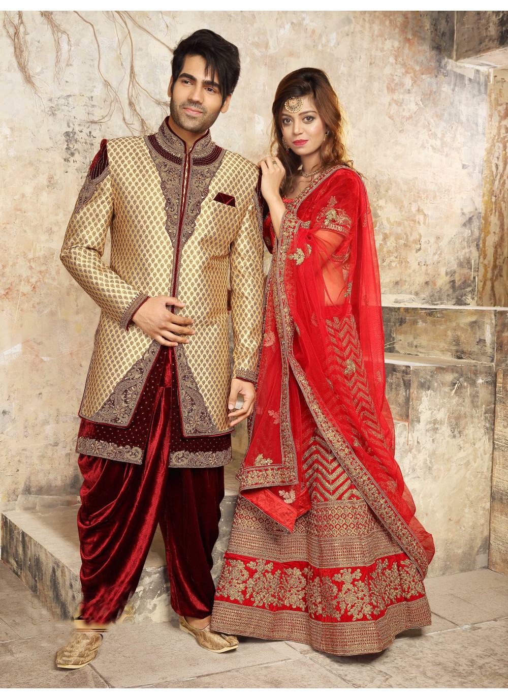Soft Gold Bridal lehenga With Four-Layered Sherwani - Couple Collections -  Collections