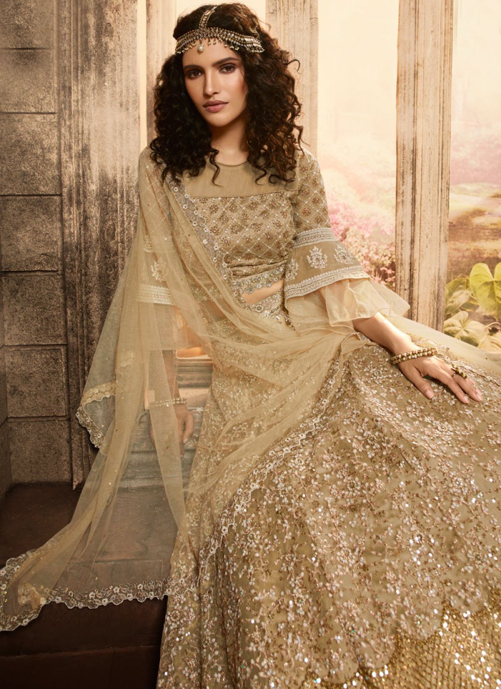 Shop Online Beige Net Embroidered Lehenga Choli 134158