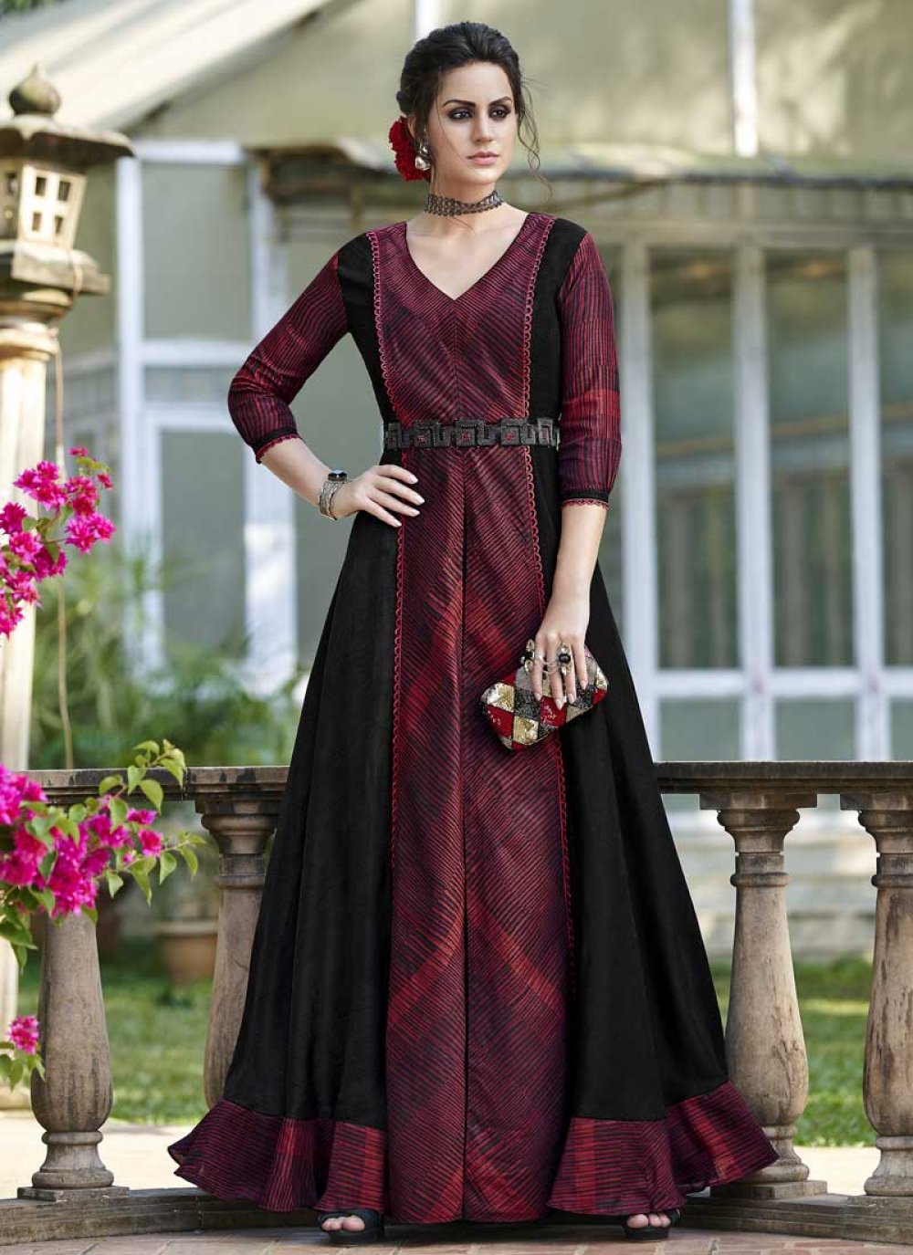 Black and Maroon Party Designer Gown