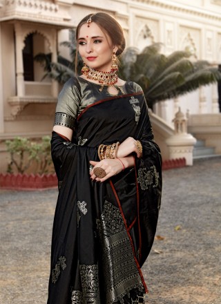 Black Art Silk Woven Designer Traditional Saree