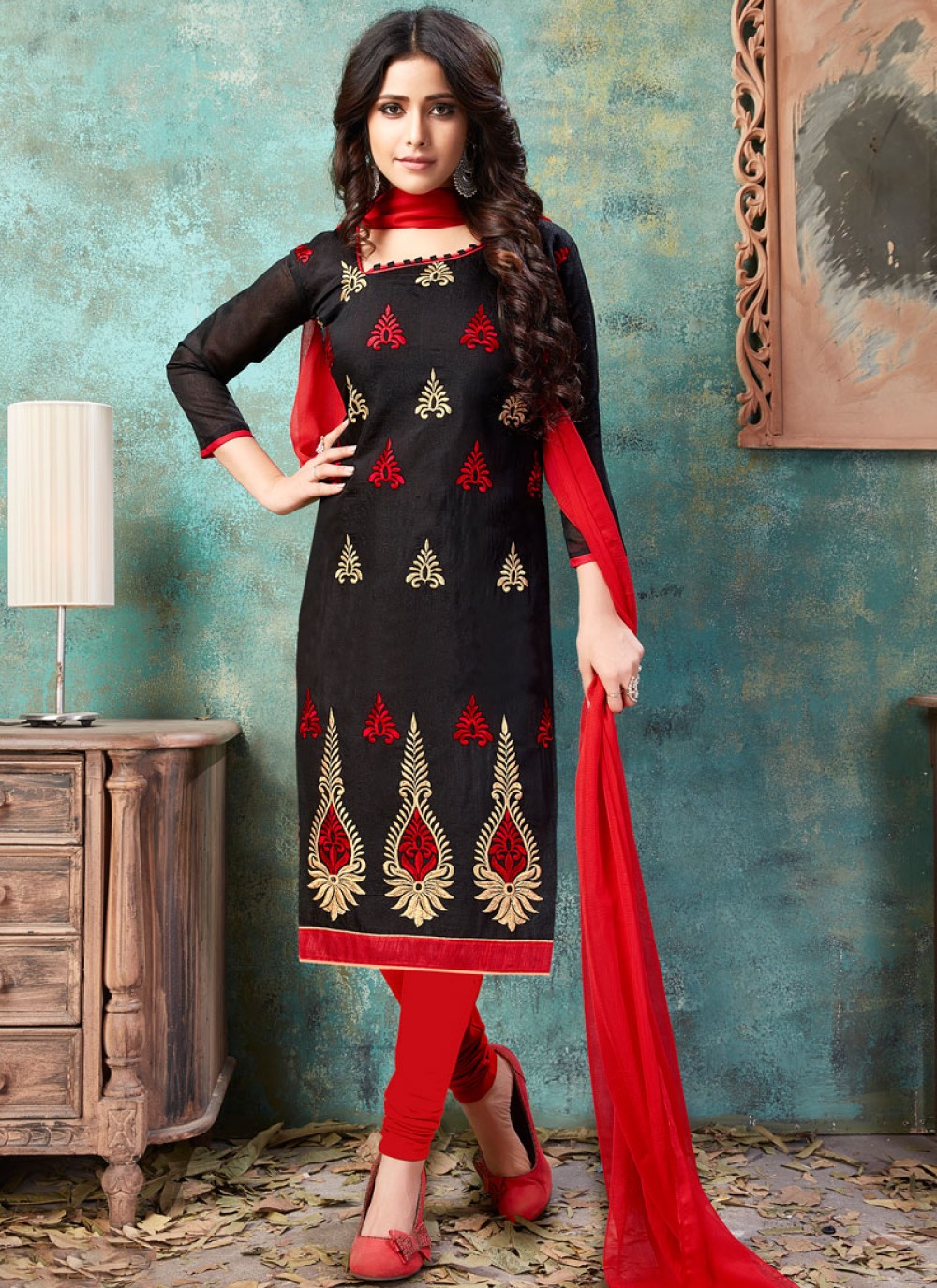 Buy Black Chanderi Cotton Churidar Suit Online : 102719