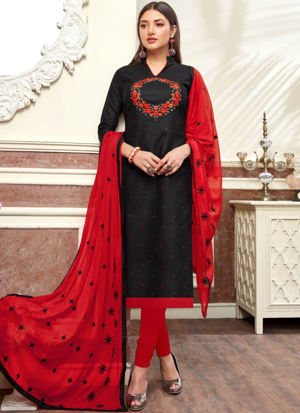 Black Embroidered Cotton Churidar Salwar Kameez