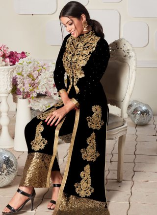 Black Embroidered Faux Georgette Designer Salwar Suit