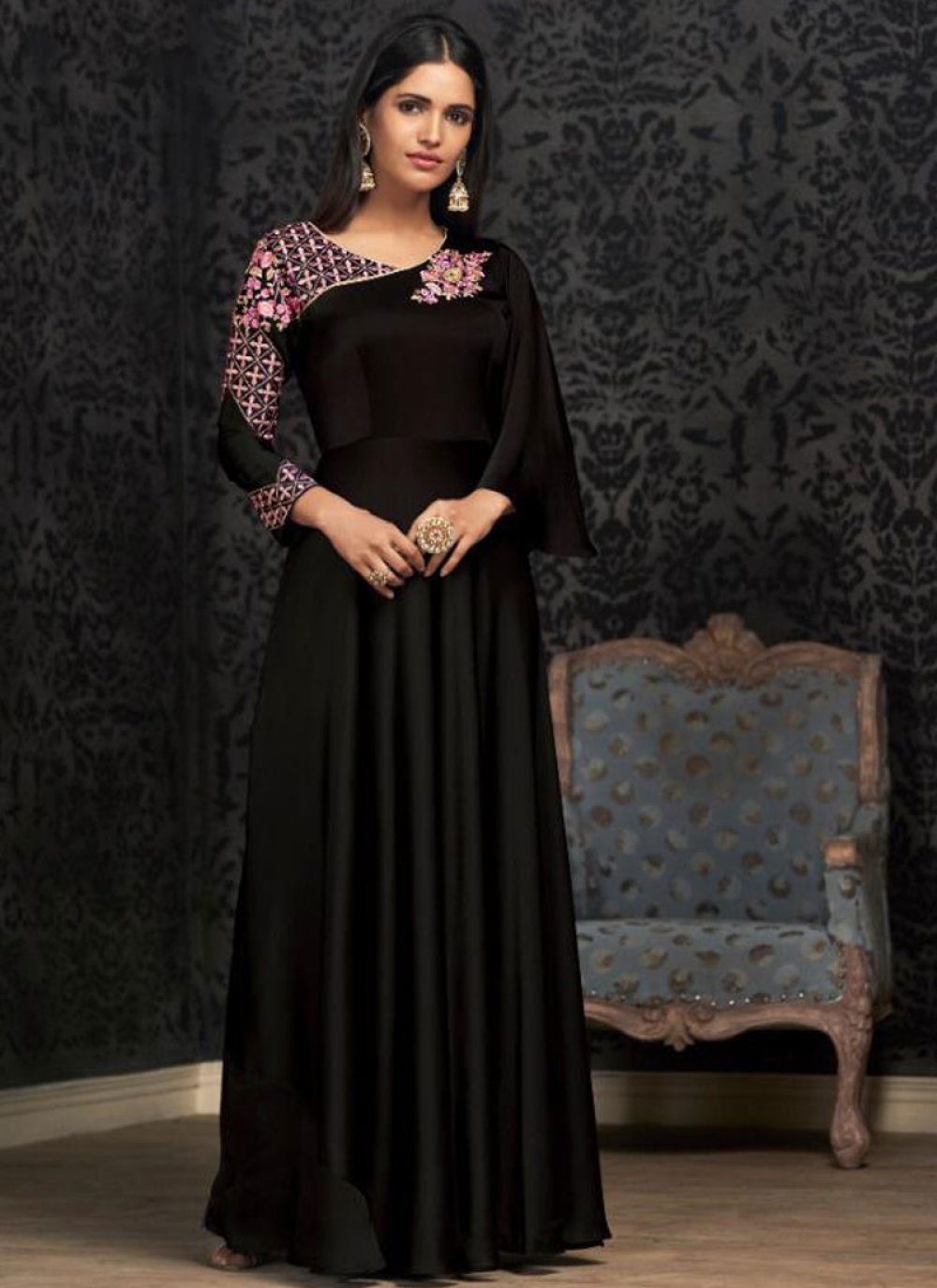 Shop Online Black Embroidered Readymade Gown : 120572