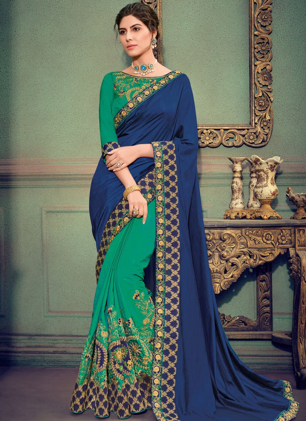 Shop Embroidered Work Crepe Silk Bottle Green and Yellow Half N Half Saree  Online