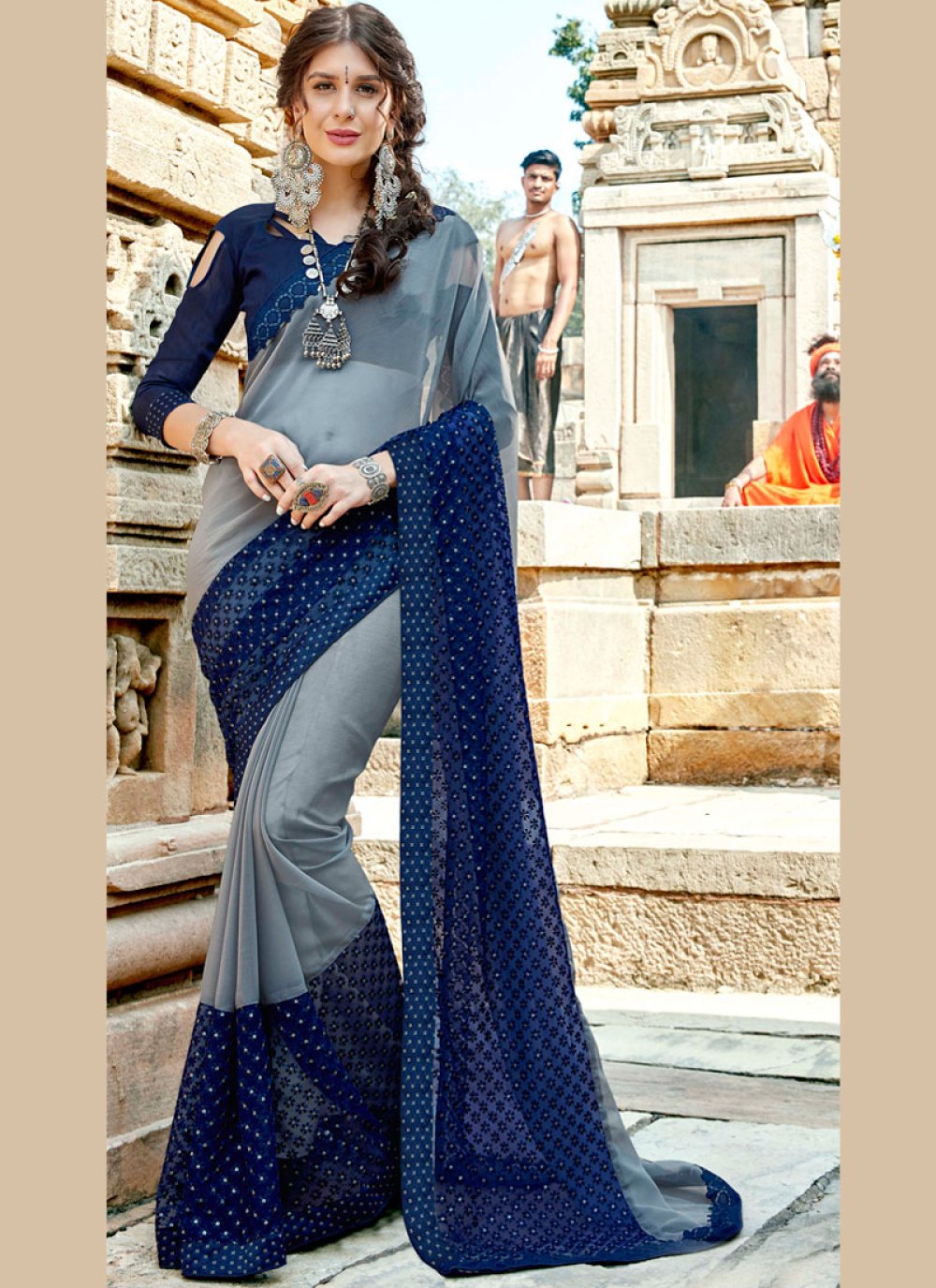 Blue and Grey Traditional Designer Saree