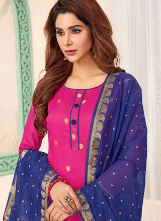 Blue and Pink Banarasi Silk Casual Churidar Salwar Suit