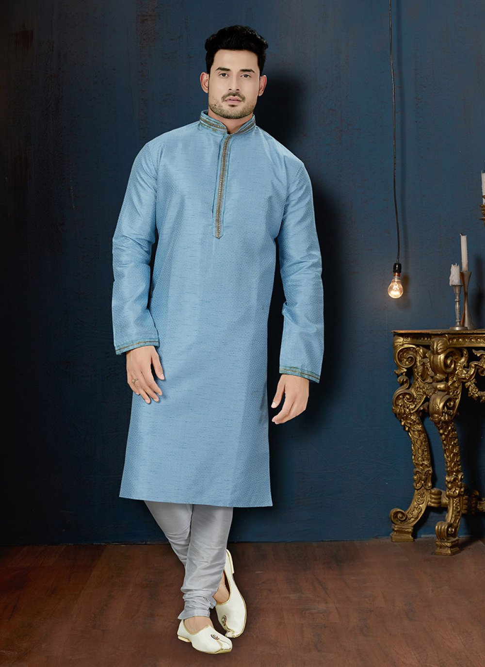 Blue Embroidered Jacquard Kurta Pyjama buy online