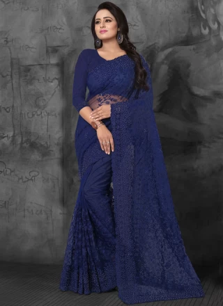 Blue Embroidered Net Designer Saree