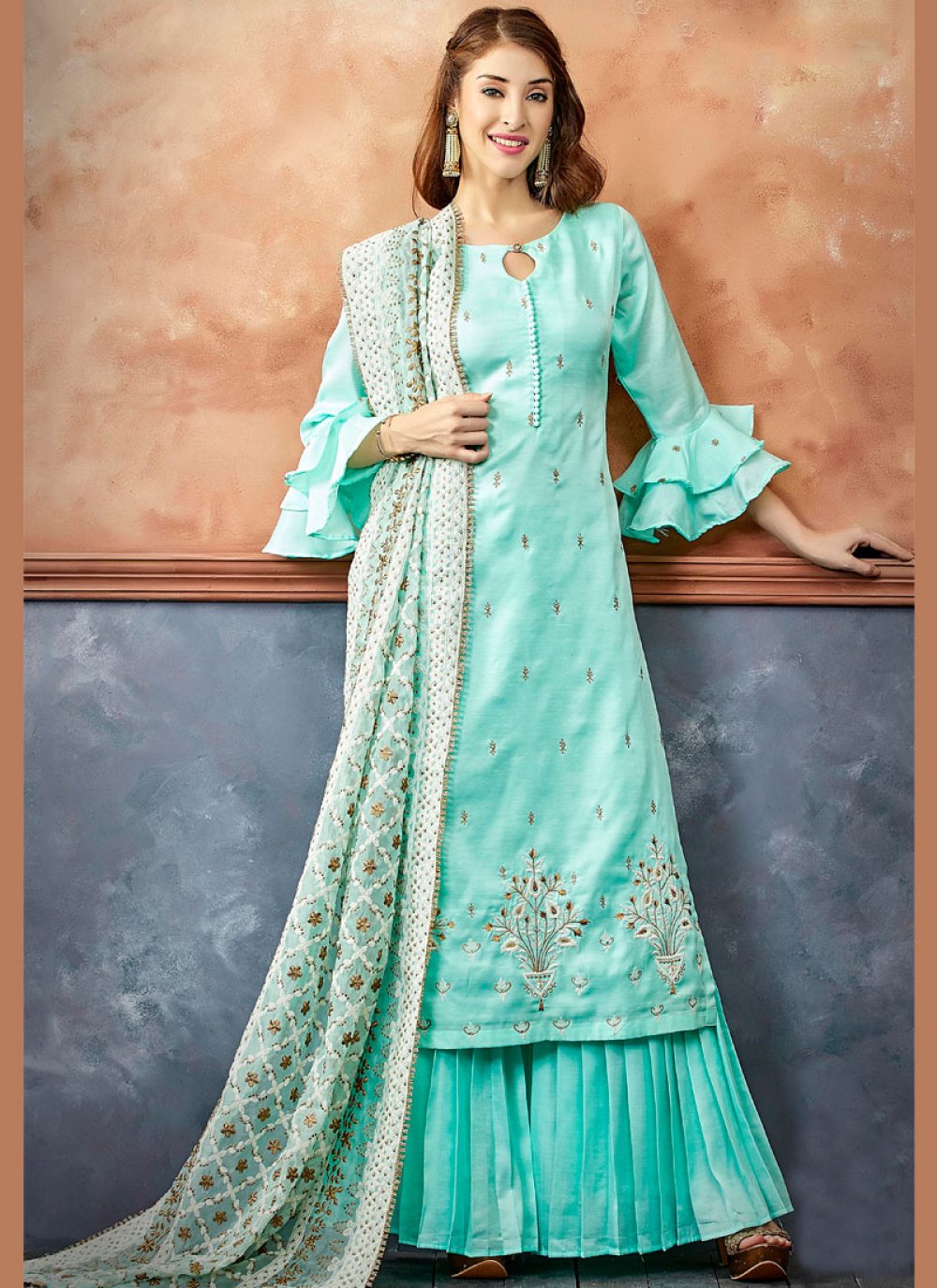 Blue Fancy Fabric Embroidered Readymade Suit