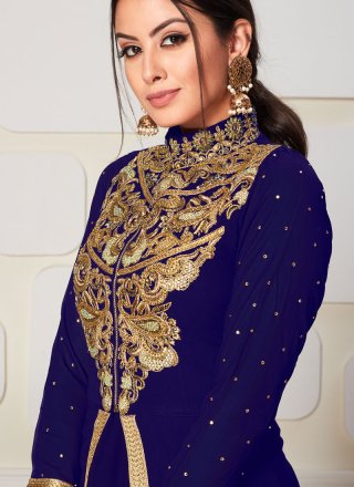 Blue Faux Georgette Embroidered Designer Salwar Suit