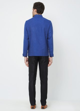 Blue Linen Plain Coats & Blazers