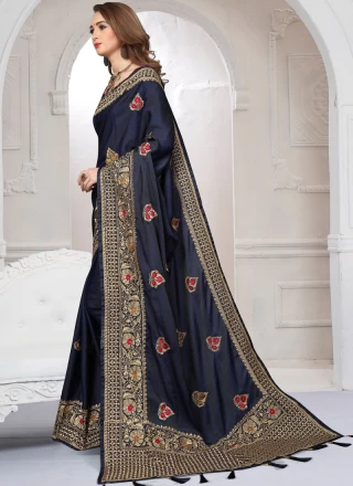 Blue Resham Satin Silk Designer Saree