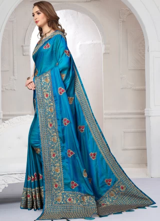 Blue Satin Silk Embroidered Classic Saree