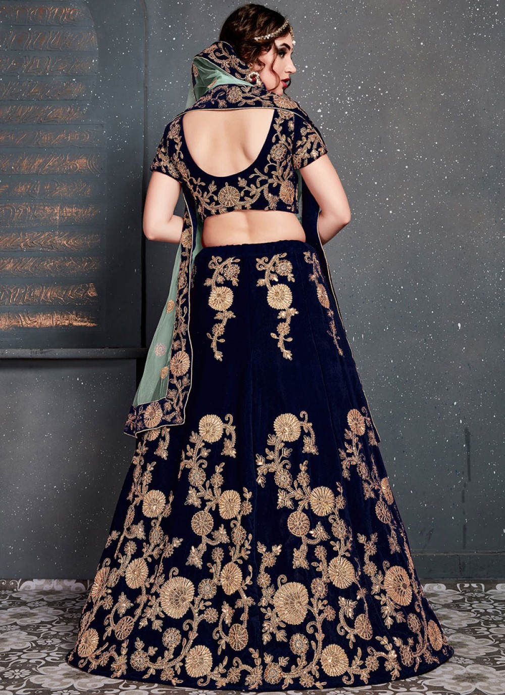 Shop Online Blue Velvet Designer Lehenga Choli : 123138