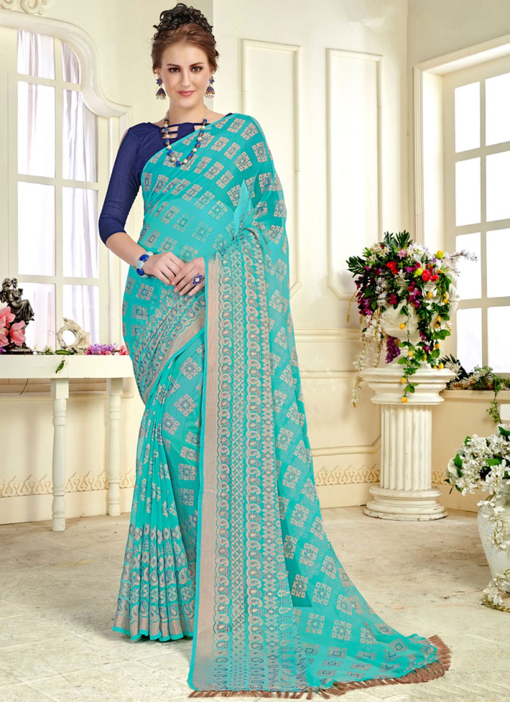 Brasso Printed Trendy Saree in Turquoise
