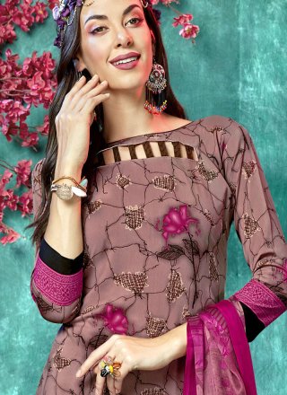 Brown and Pink Printed Faux Crepe Salwar Suit