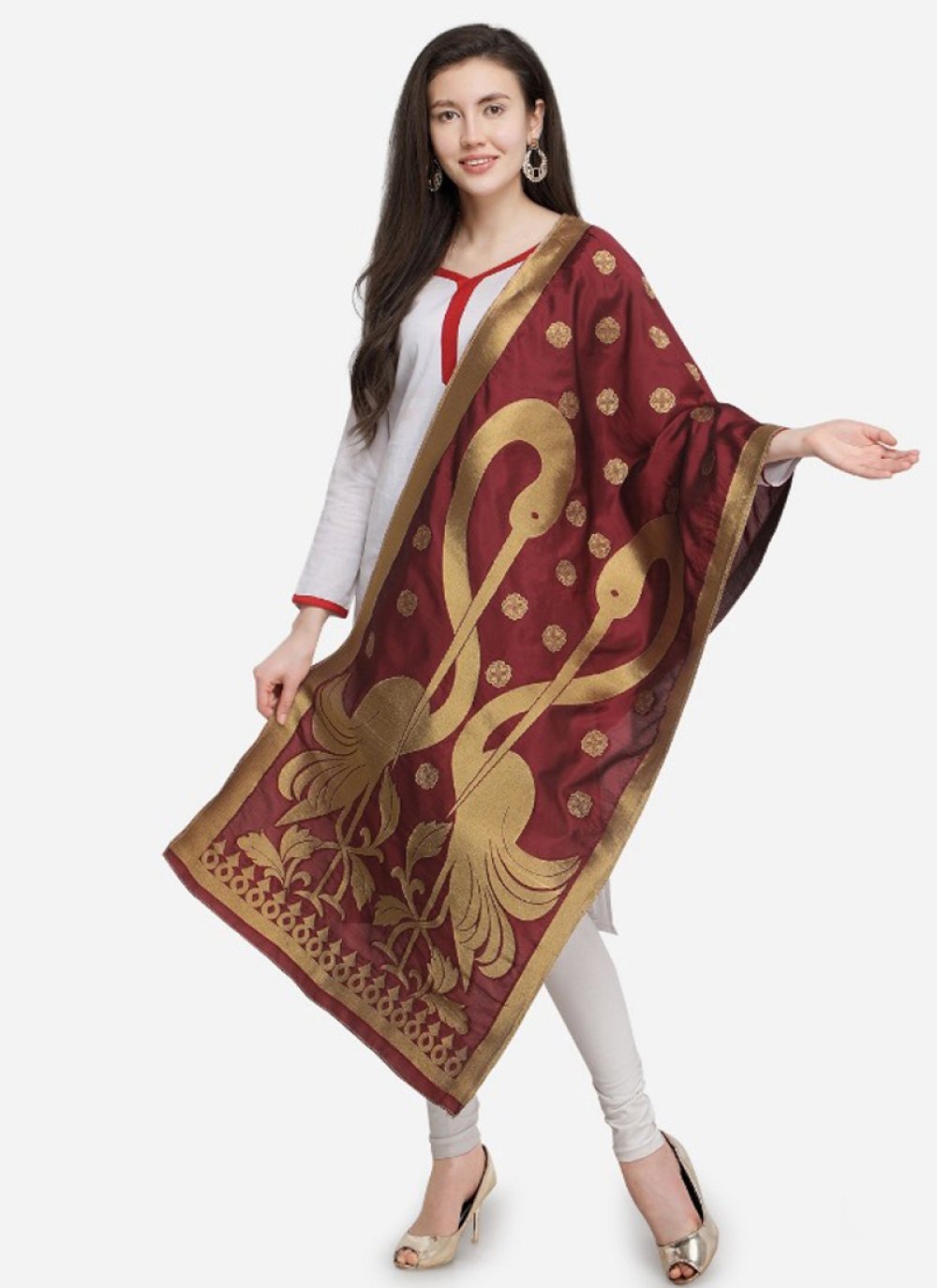 Buy Online Brown Banarasi Silk Embroidered Designer Dupatta : 107342 -