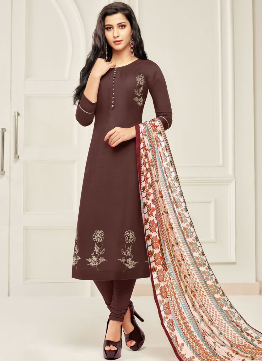 Brown Embroidered Chanderi Cotton Salwar Suit