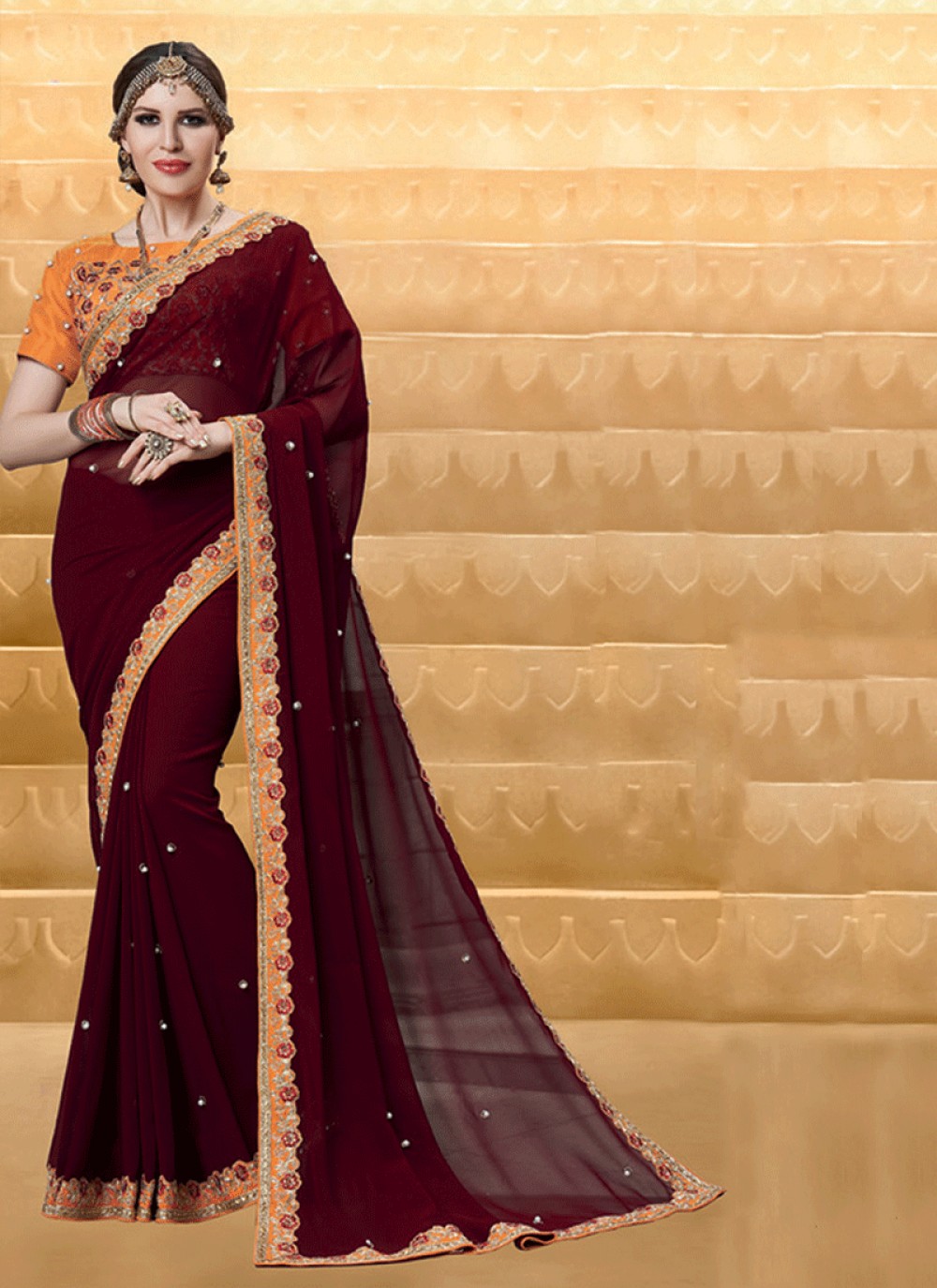 Brown Embroidered Classic Saree