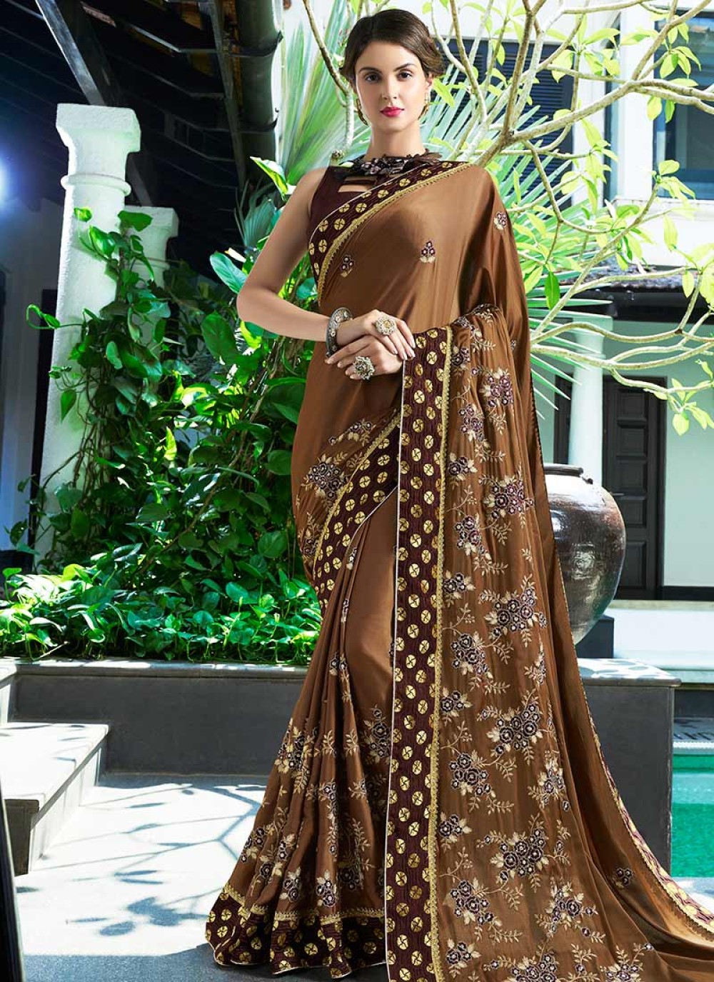 Brown Embroidered Work Faux Georgette Classic Saree