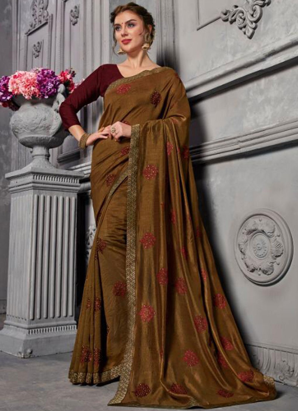 Brown Jacquard Silk Designer Traditional Saree