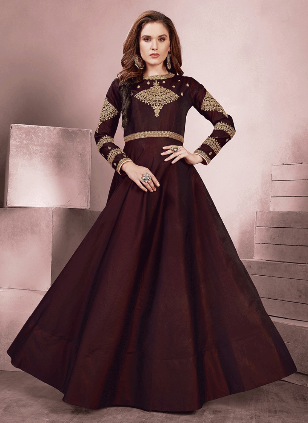 Brown Party Readymade Gown 