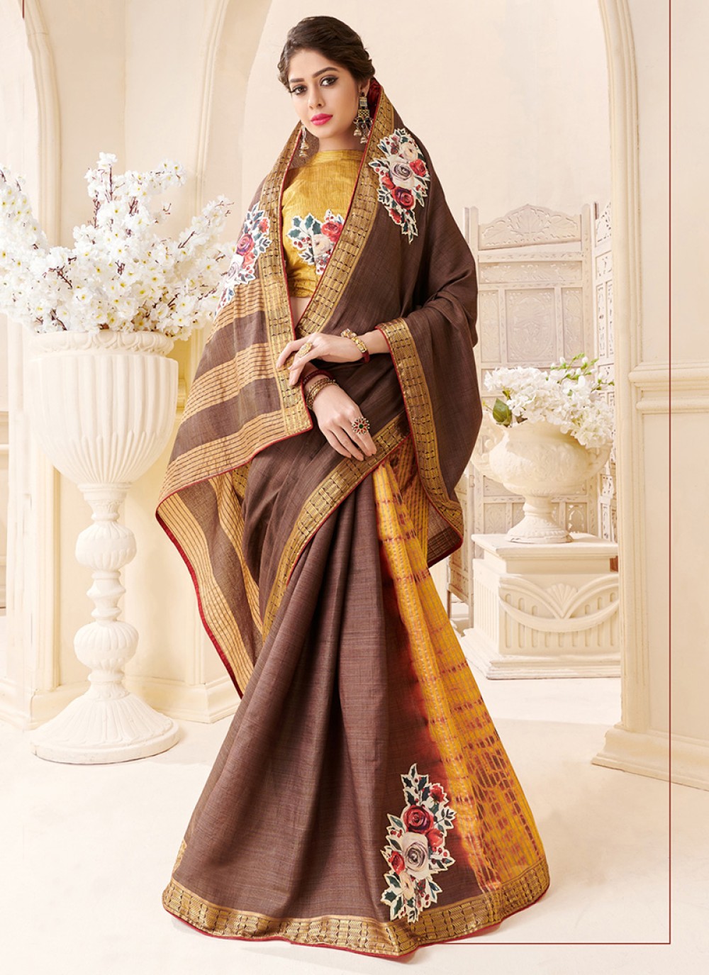 Brown Print Traditional Saree