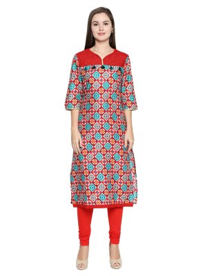 Casual Kurti Printed Cotton in Red
