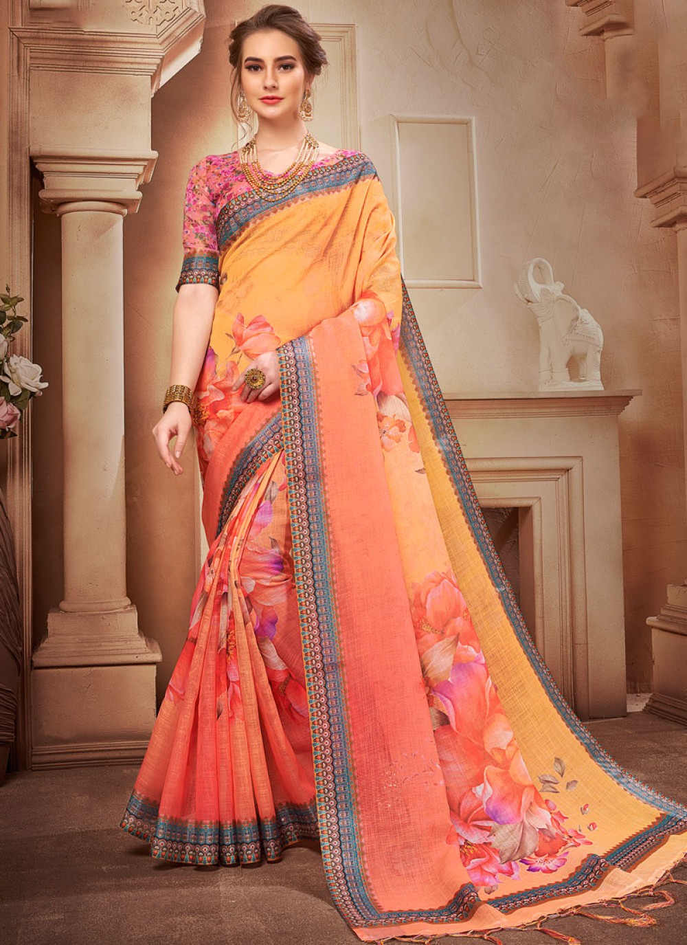 Casual Saree Abstract Print Linen in Multi Colour