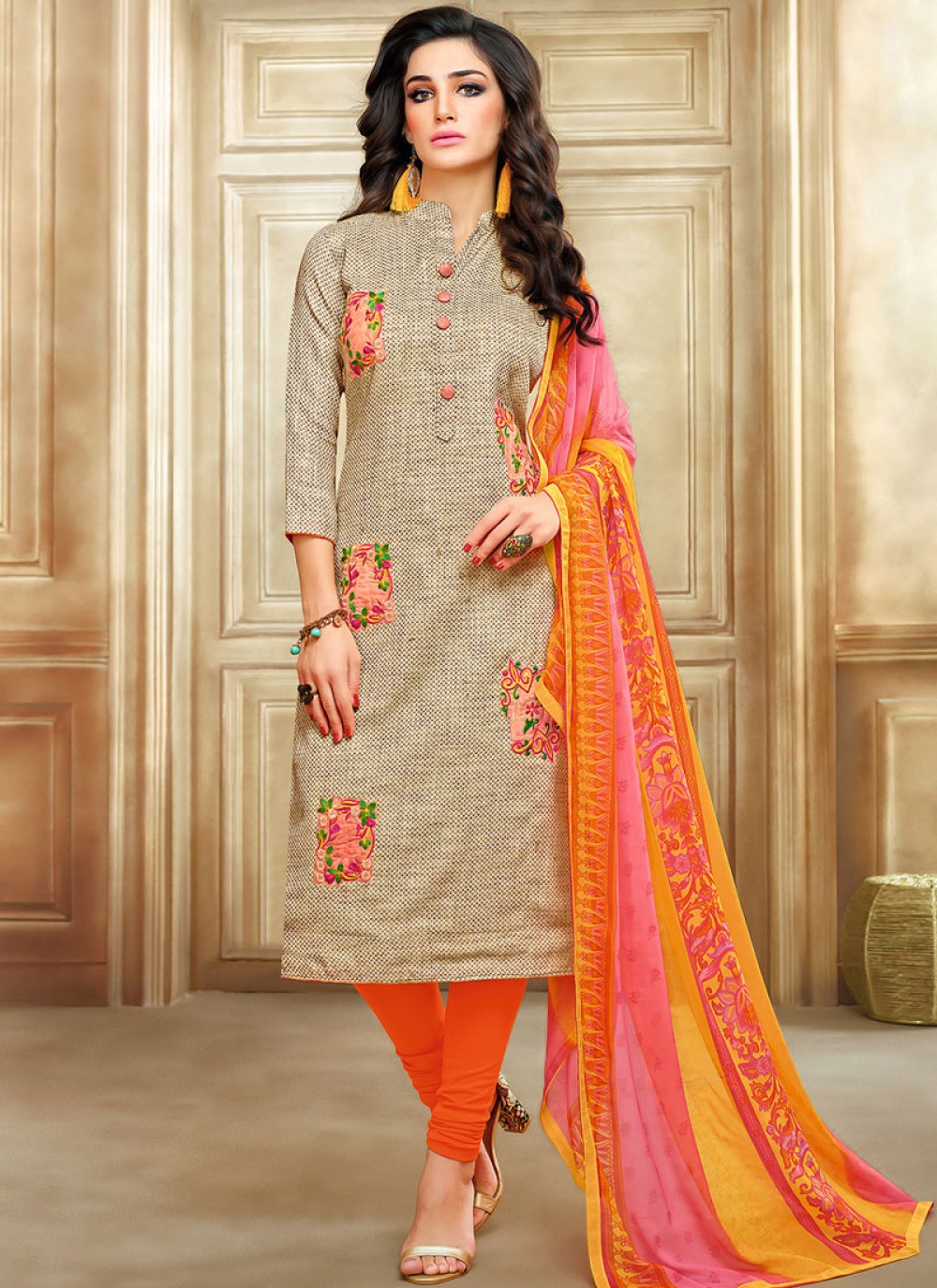 Chanderi Cotton Beige Patchwork Salwar Suit