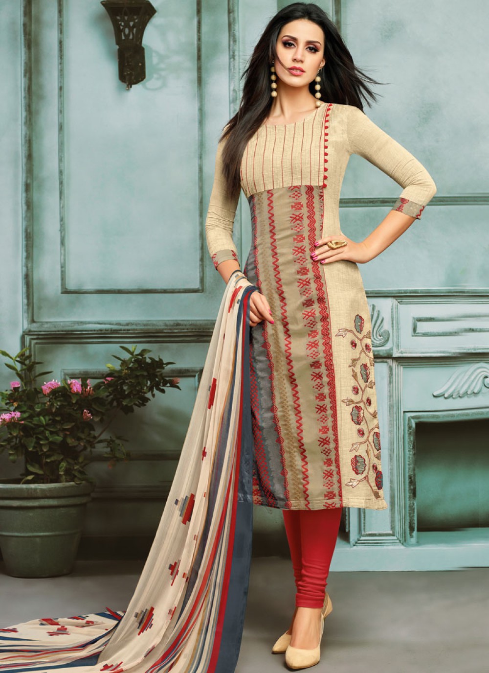 Chanderi Cotton Embroidered Churidar Designer Suit in Cream